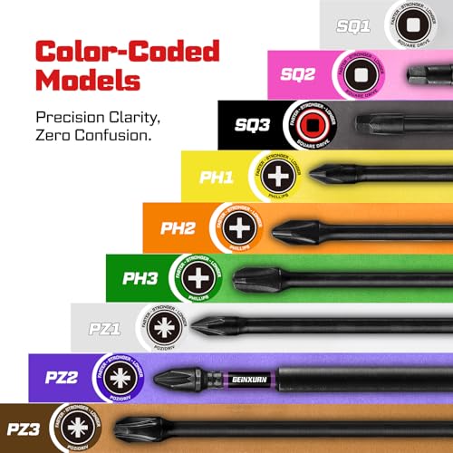 Geinxurn Double Impact #1#2#3 Square Screwdriver Bits Set, 13pcs 6” (PH1/PH2/PH3) Magnetic D2 Steel Long Extension Driver Bits Set with Color Coded Base - size: 13pcs-6“-SQ