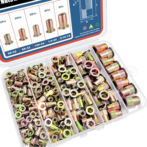 124Pcs SAE UNC Rivet Nut Assortment Kit, Zinc Plated Carbon Steel Rivnut Threaded Inserts Assortment Set Nutserts, Sizes 6-32 8-32 10-24 1/4"-20 5/16"-18 - size: SAE Kit - 124 Pcs