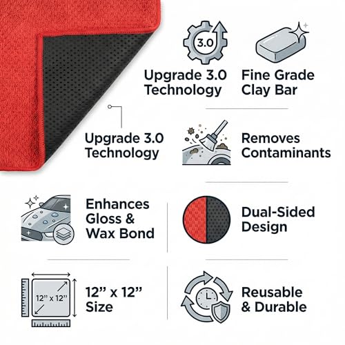 Upgrade Fine Grade Clay Bar Towel Car Decontamination Towel, Red and Black, 12" x 12"