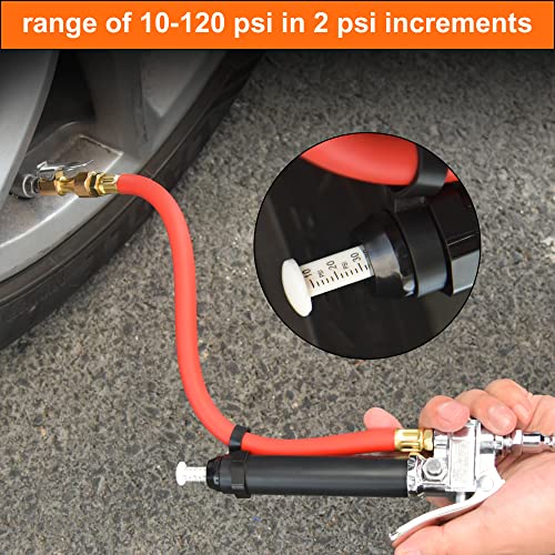Tire Inflator 10-120 PSI Tire Pressure Gauge with 12 Inch Air Hose,Lock on Air Chuck, Heavy Duty 1/4'' NPT Tire Inflator Gauge Compatible with Air Pump Compressor for Car Truck Motorcycle Bike - size: 12" hose tire inflator gauge