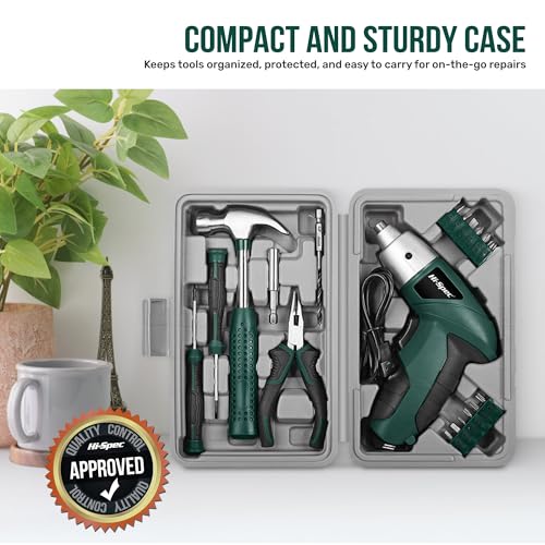 Hi-Spec 3.6V USB Electric Screwdriver for Home Repairs and Assembly, Green | 19pc, fast assembly help, common screw bit selection, LED visibility, compact grip, quick household fixes, organized storage - color: Green