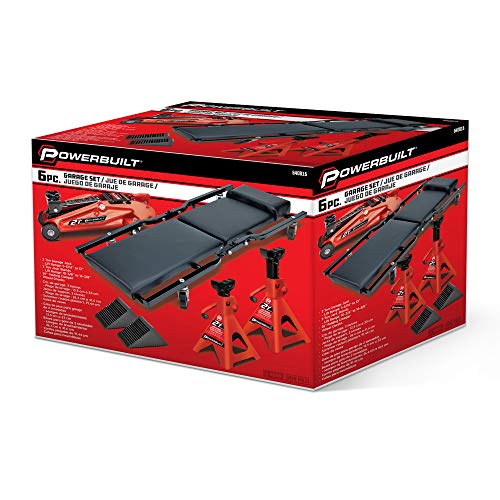 Powerbuilt 6 Piece Car Jack and Garage Creeper Service Set, 2 Ton Vehicle Lift, Jackstands, Folding Creeper, Wheel Chocks, Car Repair Garage Equipment - 640816, Large, Red - size: 6 Piece Combo