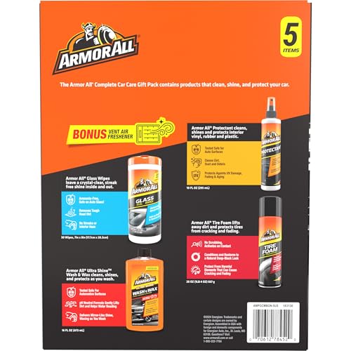 Armor All Car Cleaning Kit, Glass Wipes, Protectant, Wash & Wax, Tire Foam | 4-piece car wash detailing kit with ammonia-free glass wipes and UV protectant spray for interior surfaces - style: Complete Car Care Kit 5pc