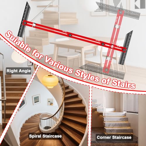Stair Tread Template Tool – Stair Tread Gauge Jig, Aluminum Alloy Measuring and Scribe Tool for Accurate Angle, Depth, and Length Measurement of Stairs, Risers, and Partitions - color: BlackRed