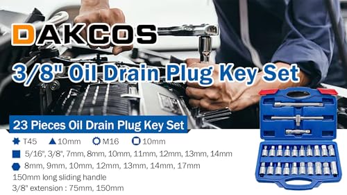 DAKCOS 23 Pcs Oil Drain Plug Key Set, 3/8” Drive Oil Service Socket Set with Extension Bar and Storage Box, CR-V - size: 3/8" | 23 PC