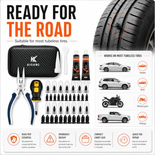Tire Repair Screws Kit, Screw in Tire Plugs for Emergency Puncture Repair, Rubber Nail Screw in Tire Plug Kit with Pliers, Screwdriver & Rubber Cement for Tubeless Tires