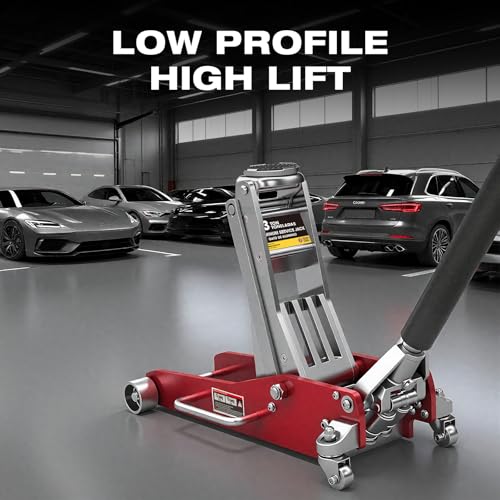Big RED 3 Ton Low Profile Full Aluminum Racing Floor Jack with Dual Piston Quick Lift Pump, 6000 lb Capacity, Lift Range 3.74"-18.90", Lightweight Design, Red - style: Aluminum