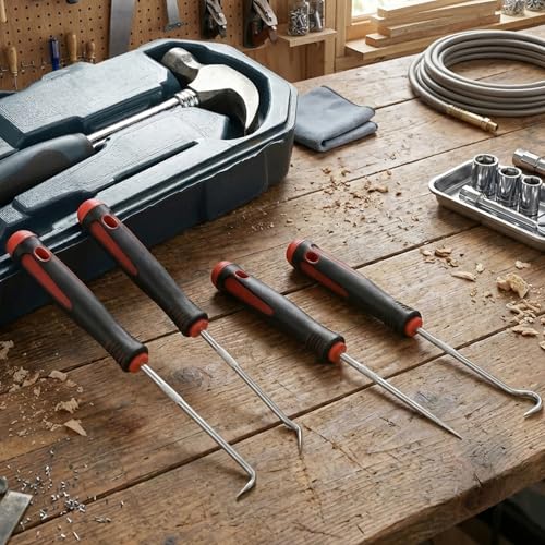 4 Pc Pick & Hook Set,Precision Automotive Tool for Oil Seal O-Ring Remover | 6.5 Inch Stainless Steel Hooks with Non-Slip Handle for Car Repair,Gaskets,Hose,Practical Tool Gifts for Men