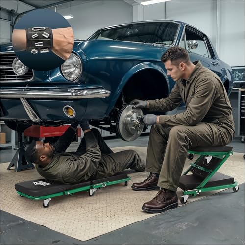 Creepers Automotive Mechanic Creeper Seat & Under Car Roller, 300lb Heavy Duty Foldable Garage Creeper with 360° Swivel Wheels, Magnetic Wristband, Low Profile Green Car Creeper for Mechanics - color: Green
