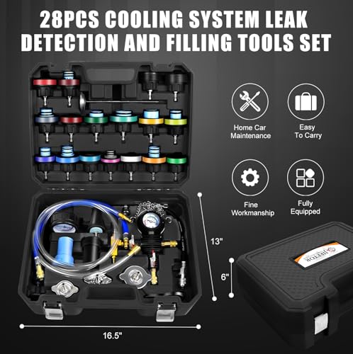 JIFETOR 28PCS Radiator Pressure Leak Test Pneumatic Coolant Refill Tool Kit | Auto Cooling System Leakage Tester and Water Tank Pneumatic Vacuum Purge Filling Set Universal for Airlift Car Auto Truck - color: Black Case