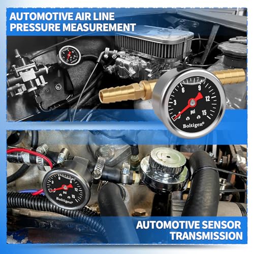 Boltigen Fuel Pressure Gauge, 0-15psi Fuel Pressure Gauge Kit, Glycerin Filled Fuel Pressure Regulator with Gauge for Car, 1/8'' NPT Inline Fuel Pressure Guage with 3/8'' 5/16'' Barb, Black - color: Black