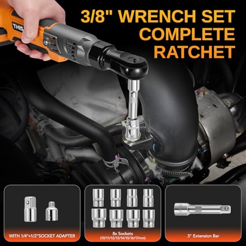 This Hill 3/8" 66 Ft-lbs Brushless Power Ratchet Driver with 2 Pack 15C 2000 mAh Lithium-Ion Battery, 20V 90NM Cordless Electric Ratchet Wrench Set, 1/4" and 1/2" Adapter for Automobile Engine