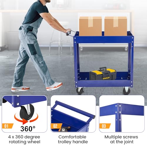 2 Tier Rolling Tool Cart,330 LBS Metal Heavy Duty Utility Cart On Wheels,2 Shelf Steel Utility Cart, Tool Storage Organizer for Mechanic, Garage, Workshop, Warehouse & Repair Shop