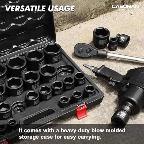 CASOMAN 29-Piece 3/4" Drive Shallow Spindle Axle Nut Impact Socket Set, 6-Point, Standard Large Socket Set, SAE (3/4" to 2-1/2"), CR-MO Steel, with Storage Case - size: 29 PCS (3/4" to 2-1/2")