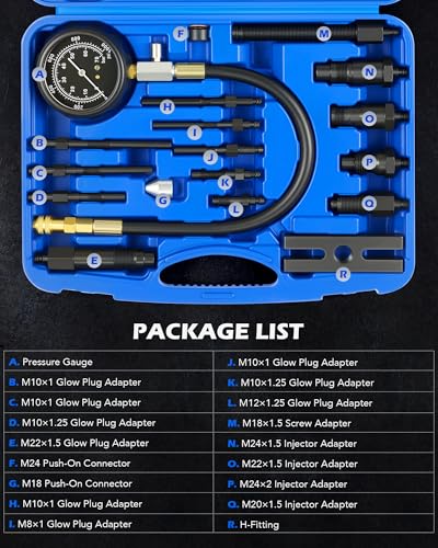 OMT 18pc Diesel Engine Compression Tester Kit, Adjustable Pressure Gauge | Premium Brass Core; Glow Plug Injector Adapters; Cylinder Leakage Diagnostics; Vehicle Repairs; For Professional Mechanics