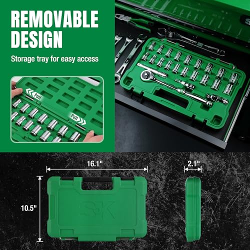 SK 1/2" Drive Socket Set with 216-P Quick-Release Ratchet, 23-Piece, SAE & Metric, SuperKrome Finish, Premium CR-V Construction, with Storage Suitcase | 23-Piece Sockets with Quick-Release Ratchet, SuperKrome Finish, Heat Treated, with Storage Suitcase -