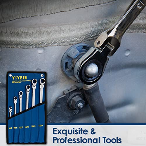 YIYEIE 6 Pcs Extra Long Flex Head Ratcheting Wrench Set, Metric Long Wrench 8mm - 19mm, 72-Tooth Double Box End Wrenches, Chrome Vanadium Steel with Mirror Polish Finish, Rolling Pouch - size: Extra Long Set Metric