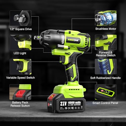 Robustrue Cordless Impact Wrench, 885Ft-lbs (1200N.m) 1/2" Brushless Impact Gun, 21V High Torque Power Impact Driver, 2x4.0Ah Batteries Electric Impact Motor Variable Speeds for Car/Truck RV/Mower - size: 1200N.m
