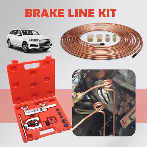 Single & Double Brake Line Flaring Tool Kit,25FT 3/16" Brake Line Kit with 16 Fittings & 5 Adapters,Copper Coated Brakes Lines Repair Kits Car Accessories for Most Vehicles