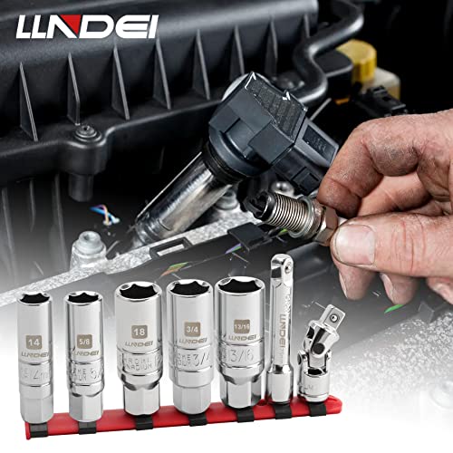 LLNDEI 3/8 7PCS Drive Spark Plug Socket, 14mm, 18mm, 5/8-inch, 3/4-inch, 13/16-inch, SAE & Metric, CR-V Steel Mirror Finish Thin Wall Spark Plug Sockets - size: 3/8 inch drive
