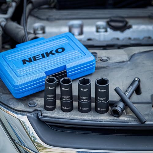 NEIKO 02290B Lug Nut Socket Set, 1/2” Impact Thin Wall Flip Socket Set, Half Size Wheel Socket Set, Metric 6 Point, 5" Extension Bar & Knockout Bar, 18.5mm, 19.5mm, 21.5mm, and 22.5mm - size: 6 Piece, Half Size Set, style: Flip Socket