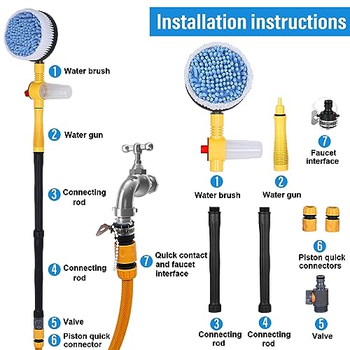 Toolly Car Wash Brush Cleaning Kit, 360° Spin Car Mop, Microfiber Rotating Car Cleaning Brush, Detachable & Extendable Scrub Brush, Garden Hose Spray Nozzle Spray Gun for Cars, Yards, Garden, Pets