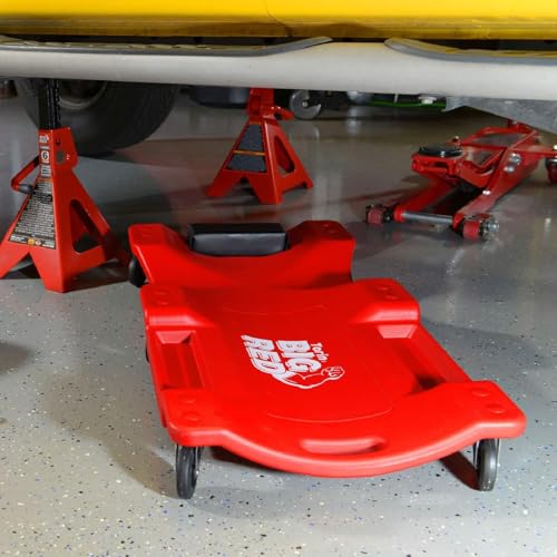 Big RED Plastic Rolling Garage/Shop Creeper: Dual Tool Trays and 6 Casters, Red,40" Mechanic Cart with Padded Headrest