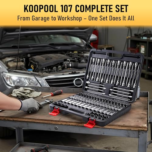 107-Piece Master Torx & Allen Bit Socket Set, S2 Steel, 1/4" 3/8" 1/2" Drive, Long Torx, Ball End Hex, Tamper-Resistant Star, E-Star Sockets, SAE & Metric (Chrome-Polished Set)