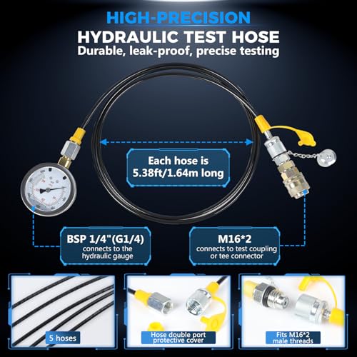 Hydraulic Pressure Test Kit with 5 Gauges up to 10000 PSI 10–600 Bar, 13 Couplings 14 Tee Connectors and 5 Hoses, Hydraulic Tester for Excavators Loaders and Construction Equipment