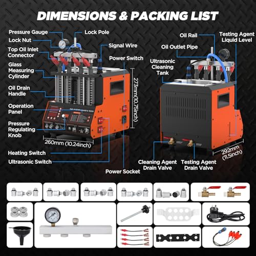 Fuel Injector Cleaner Tester Machine,4-Cylinder Ultrasonic Heating Cleaning | 4 Test Functions, 9 Test Modes, 2000ml Cleaning Tank, 110V Fuel System Injection Cleaning Kit for 12V Gas Car & Motorcycle