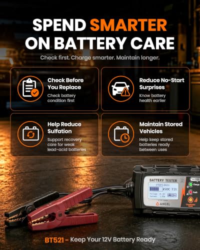 ANCEL BT521 12V Smart Battery Charger and Tester, 5A Lead-Acid Battery Maintainer with Health Test, Cranking Test, Charging System Test, Pulse Desulfator for Car RV Boat Motorcycle Lawn Mower