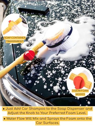 Rotating Car Wash Brush with Soap Dispenser & Hose Attachment Soft Bristle Car Spin Mop Washing Scrub Brush with Long Handle Water Flow Through High Pressure Car Cleaning Brush Kit Car Wash Hose