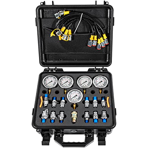 Hydraulic Pressure Test Kit with 5 Gauges 13 Test Couplings 14 Tee Connectors 5 Test Hoses for Excavator Construction Machinery 10/100/250/400/600bar 150/1500/4000/6000/9000PSI - style: 5 Gauges 27 Test Couplings