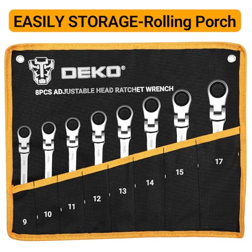 DEKOPRO 8-PC Flex Head Ratcheting Wrench Set, Metric Standard 9-17mm, 72-Tooth Cr-V Combination Wrenches with Portable Pouch for Mechanics & Home Maintenance - size: Metric