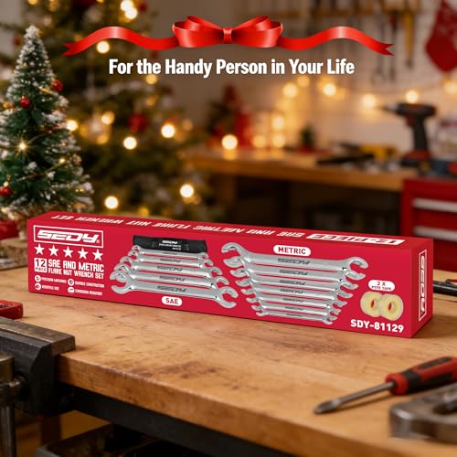 SEDY 14-Piece Flare Nut Wrench Set with PTFE Tape, Metric & SAE Brake Line Wrench Offset 1/4"-7/8"& 9-21mm Set Double Open End with Organizer Pouch for Repairing and Removing Nuts - style: 14-Pc MM/SAE + 2 Tape (Flare)