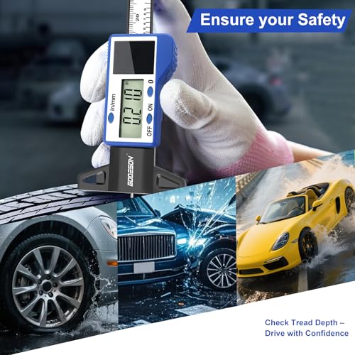 GODESON Digital Tire Tread Depth Gauge – Solar & Battery Hybrid, Inch/MM Modes, 1"/25.4mm Range, Blue Accurate Tread Depth Gauge Tool for Cars, Trucks & Motorcycles Tire Wear Check - style: IN/MM - Blue