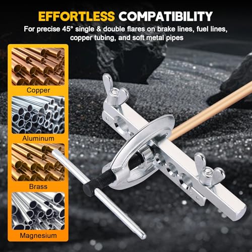 11-Piece Flaring Tool Kit for 45° Single & Double Flares | Brake Line Flare Tool with 7 Adapters, Tube Cutter Deburring Tool for Hydraulic System, Copper Tubing Flare Kit