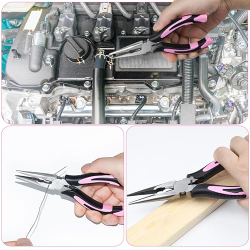 2pcs 6’’& 8’’ Needle Nose Pliers,Large Soft Grip with Wire Cutter | Pink,Paper Clamp Precision, Heavy-Duty CRV Steel, Long Nose Cutting Pliers for Home, Fishing, Jewelry, Crafts