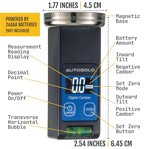 Digital Camber Caster Gauge, LCD Display, Magnetic Base, Home Garage Wheel Alignment Tool, -90° to +90° Range