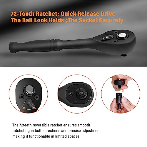 LLNDEI 1/4”Drive Impact Socket Set, 52 PCS Mechanic Tool Set with 72-Tooth Ratchet & Adapter, CR-V, Metric and SAE Sockets Storage Kit for Household Automotive Repair DIY Project - size: 1/4" Socket Set