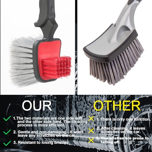 Car Wash Brush, Wheel Brush & Tire Brush Kit - Dual-Head Soft Bristle Car Detailing Brush for Wheels, Rims, Tires, Exterior Surfaces Safe for Cars, Trucks, Motorcycles, RVs Red, 10 Inch