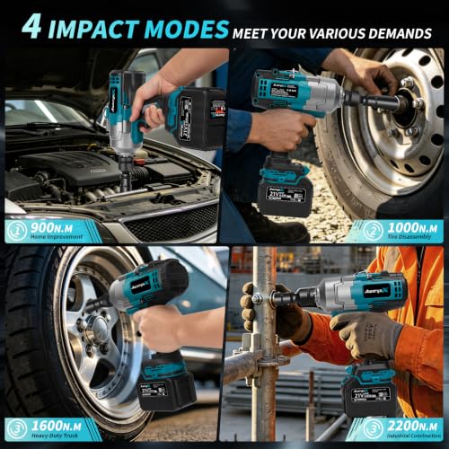 AwxryoX 21V Cordless Impact Wrench,1623Ft-lbs(2200N.m) High Torque Brushless Impact Gun with 2×6.0Ah Battery,3/4" 4 Speed Electric Pistola De Impacto with 1/2 Adapter for Truck/Mower/Car/Industrial