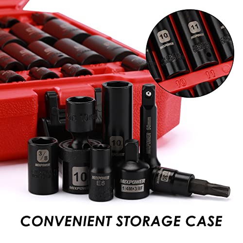 MIXPOWER 86PCS 1/4" Drive Master Impact Socket Set, Universal/Deep/Standard/Torx/Inverted Torx Socket, Impact Grade, Metric&SAE, 6 Point - size: 1/4" Drive