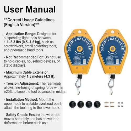 QWORK Spring Balancer 2 Pack 1.1–3.3 lbs Load Range – Adjustable Retractable Tool Hanger for Assembly, Workshop & Garage