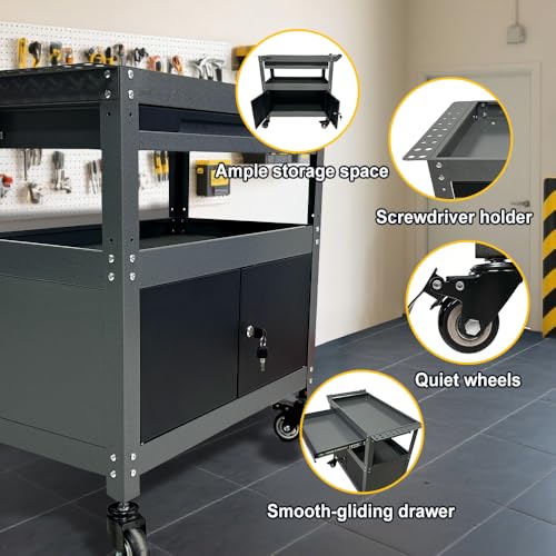 JZD Steel Rolling Tool Cart, Metal Industrial Grade Utility Cart on Wheels with One Drawer & Lockable Cabinets, for Mechanic Garage Auto Repair Shop, Black & Grey - size: 03