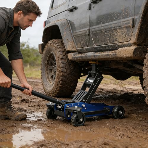 Jack Boss 3 Ton Off Road Jack with Big Wheels, Dual Pumps Hydraulic Lift, Heavy Duty Off Road for Trucks and SUV, Off-Road Vehicle Jack - color: Blue and Black, size: 3 Ton Off Road