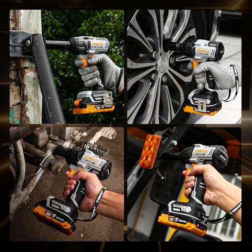DEKOPRO Cordless Impact Wrench 258ft-lbs/350N.m Brushless Impact Wrench, 1/2" Impact Gun with 2x2.0Ah Battery, 4 Sockets, LED Light for Car Home