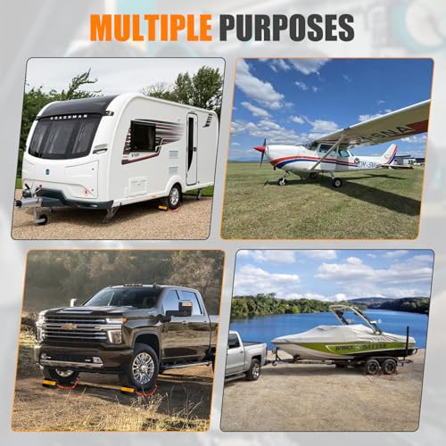 4 Pack Rubber Wheel Chocks for RV Trailer with Rope & Reflective Strips, Heavy Duty Non-Slip Tire Stopper for Camper, Truck, Car, Travel Trailer