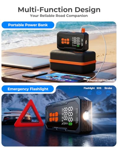 Jump Starter with Air Compressor, 12V Car Battery Jumper Starter Portable for 8.0L Gas/6.0L Diesel, Car Battery Charger Jump Box with 160PSI Auto-Shutoff Tire Inflator and Storage Case, Black