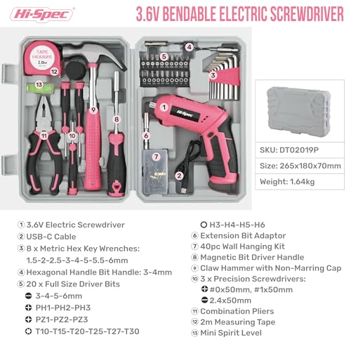 Hi-Spec 42pc Pink 4V USB Electric Power Driver & Household Tool Kit. Cordless Power Screwdriver and Hand Tools in a Compact Box Case - color: Light Pink